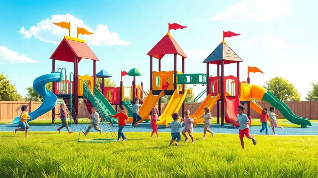 A vibrant playground with colorful structures and children playing joyfully.